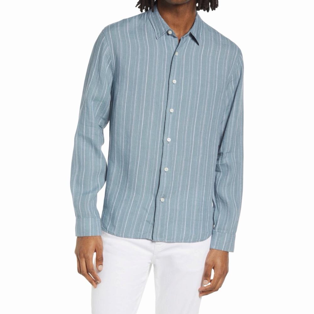 Vince Men’s XXL 100% Linen Stripe Button Up Shirt Blue Slate Casual Top Luxe EUC